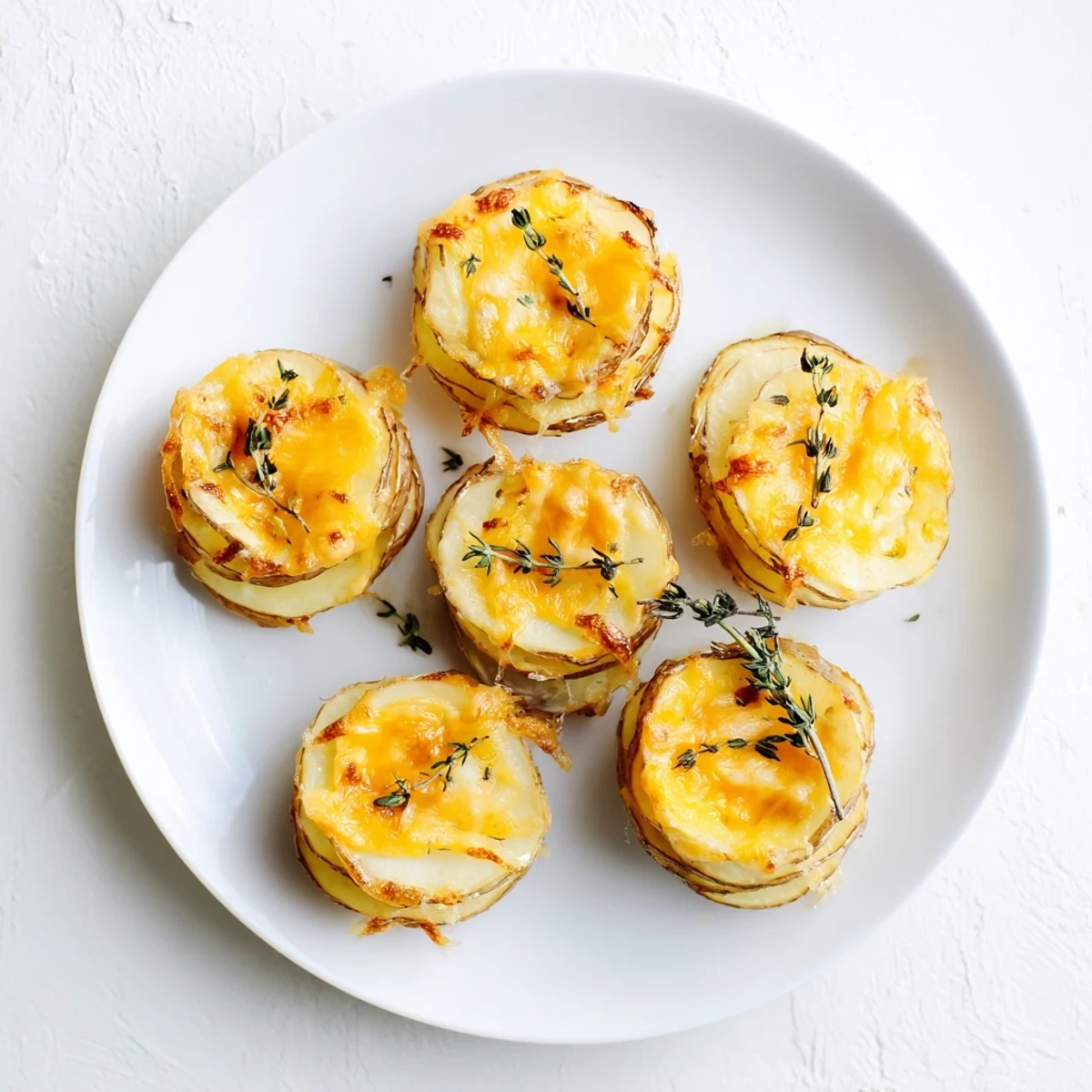 Golden cheese scalloped potato stacks arranged in muffin tins with crispy edges and melted cheddar