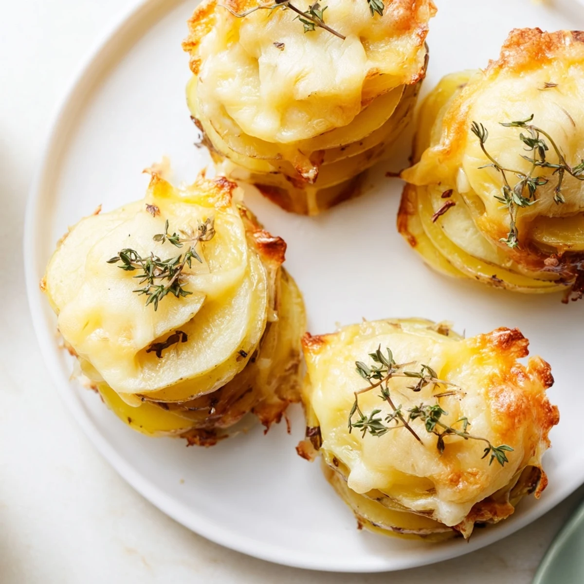 Individual scalloped potato stacks featuring layers of tender Yukon Gold potatoes baked in creamy cheese sauce