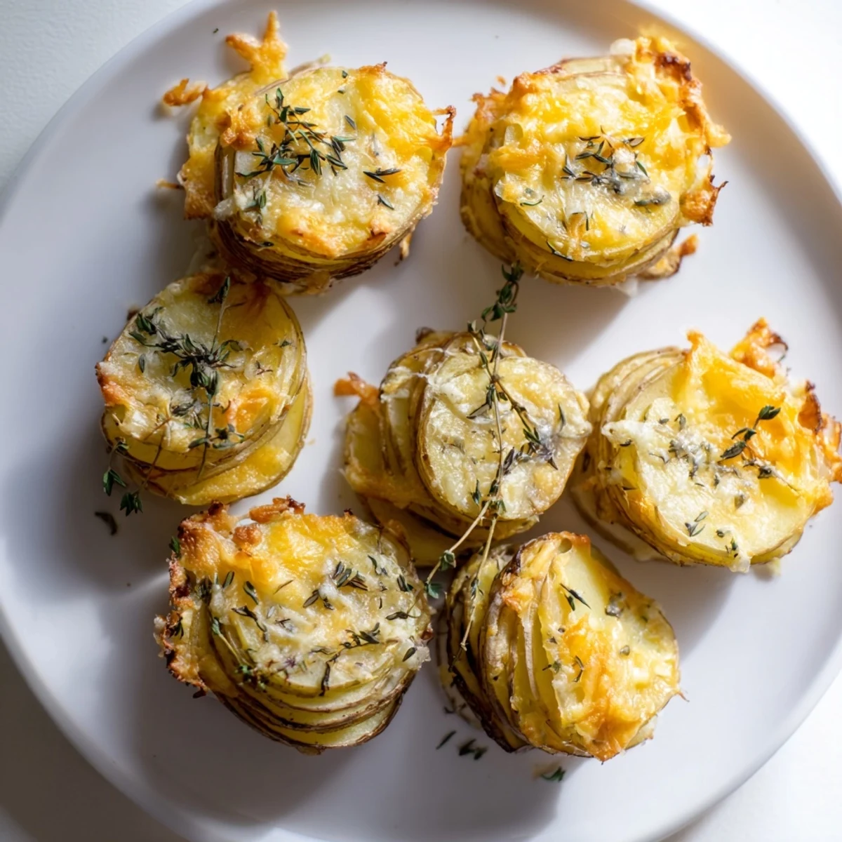 Cheese scalloped potato stacks topped with fresh thyme and golden Gruyère after baking in muffin cups