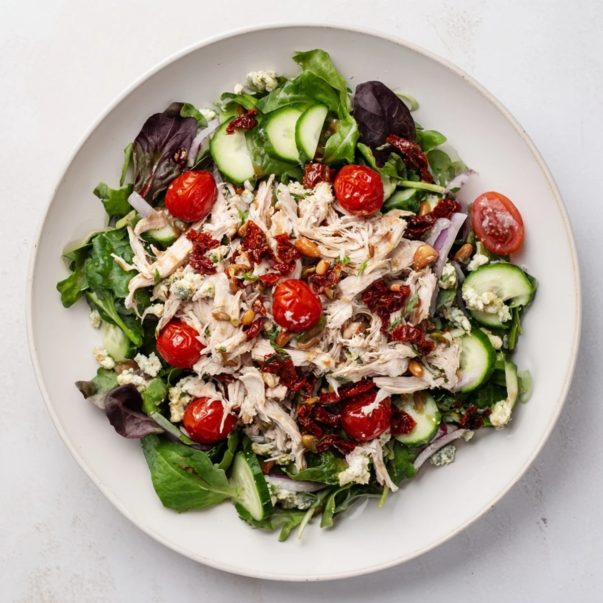 Golden sun-dried tomato chicken salad tossed with fresh greens and crumbled feta cheese