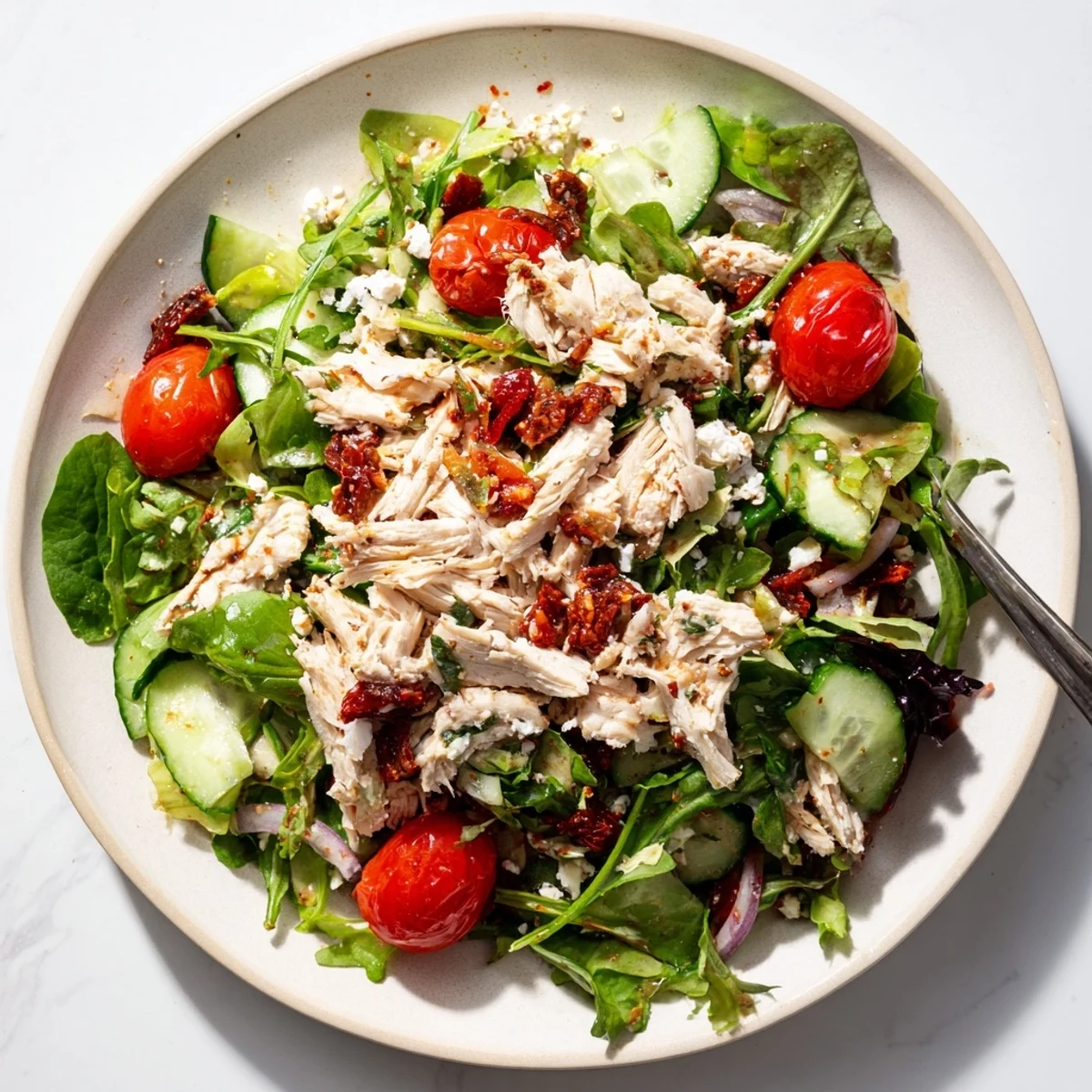 Protein-rich sun-dried tomato chicken salad plated with mixed greens, cherry tomatoes, and toasted pine nuts