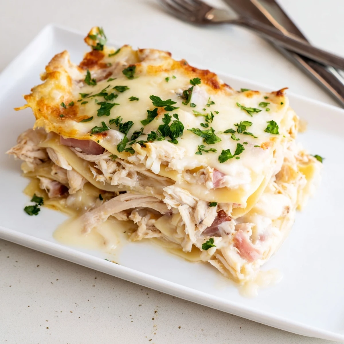 Golden Chicken Cordon Bleu Lasagna with bubbly melted Swiss and mozzarella cheese layers
