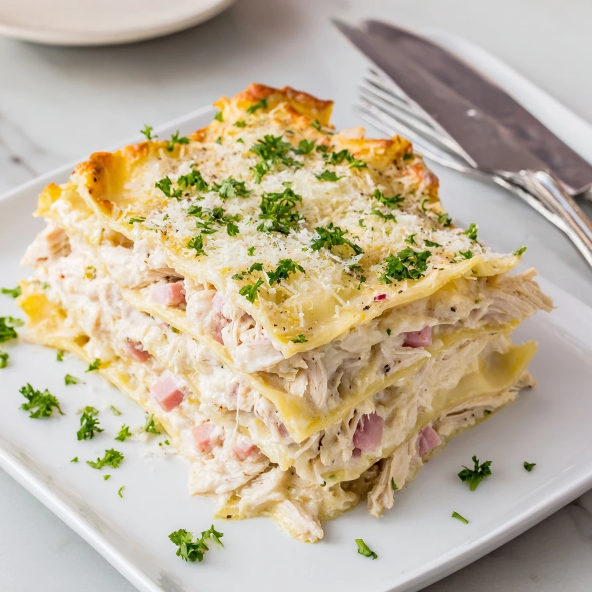 Creamy baked Chicken Cordon Bleu Lasagna topped with golden Parmesan and fresh parsley