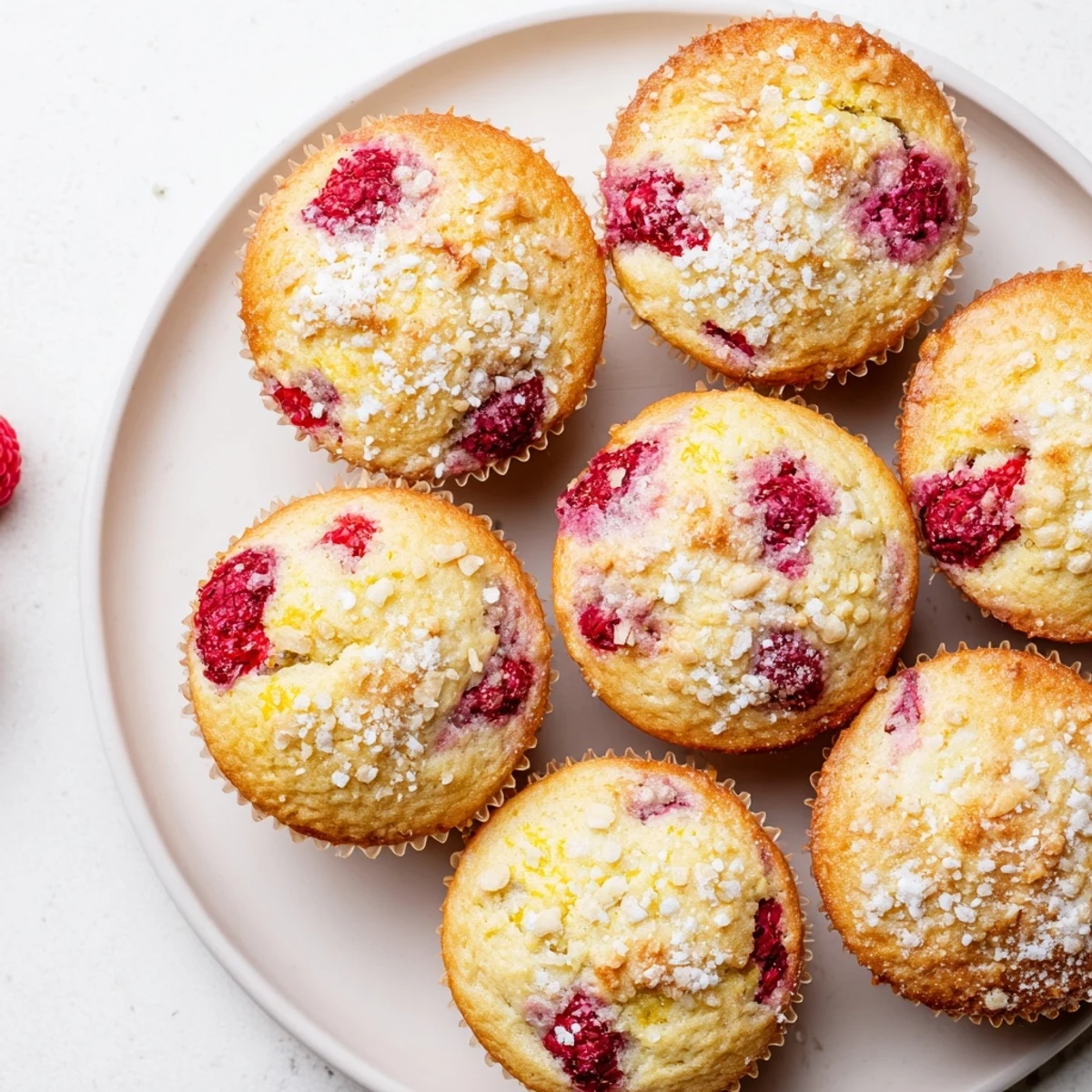 Golden raspberry lemon ricotta muffins topped with sparkling sugar on a white wire rack