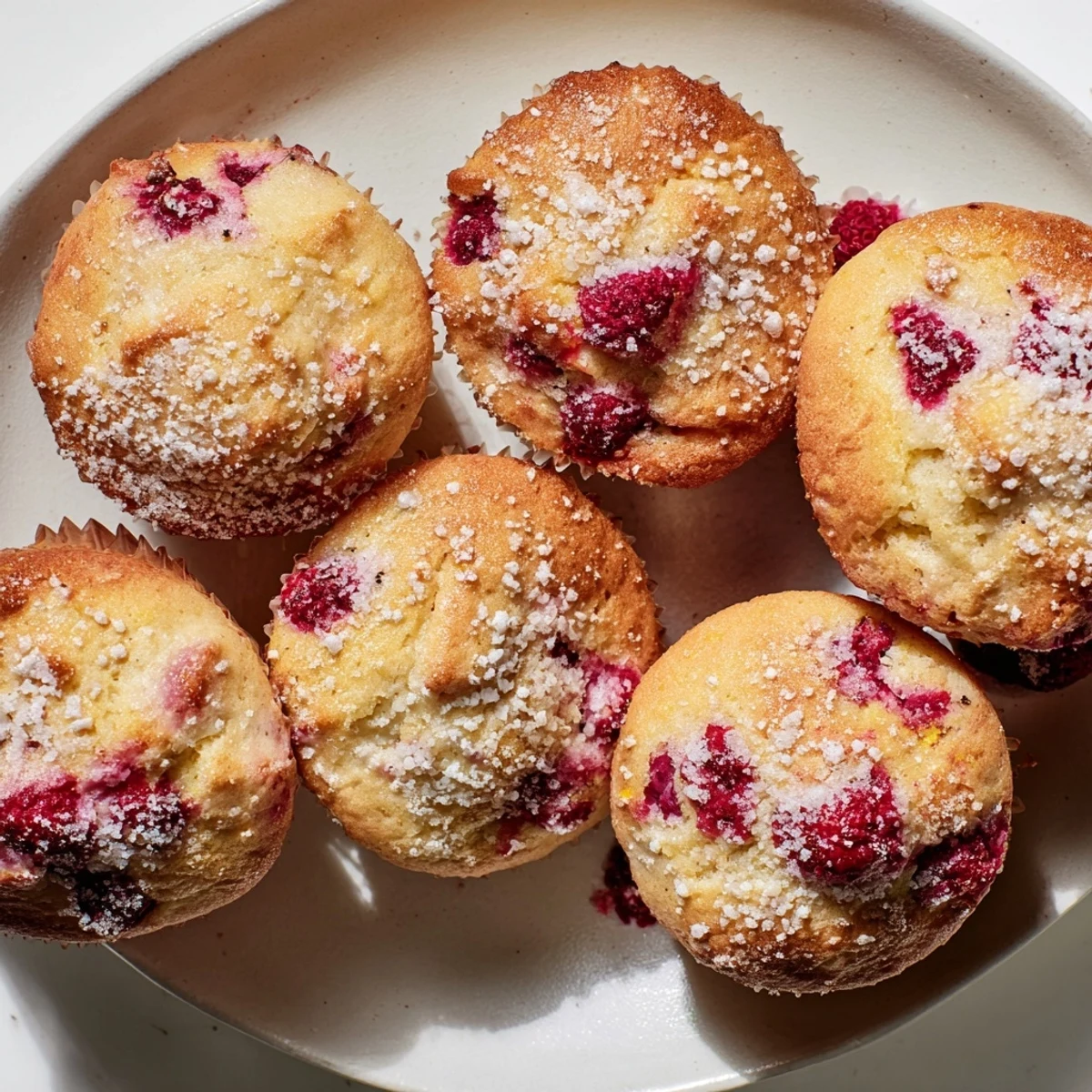 Fresh baked muffins studded with juicy red raspberries and bright lemon zest cooling in pan