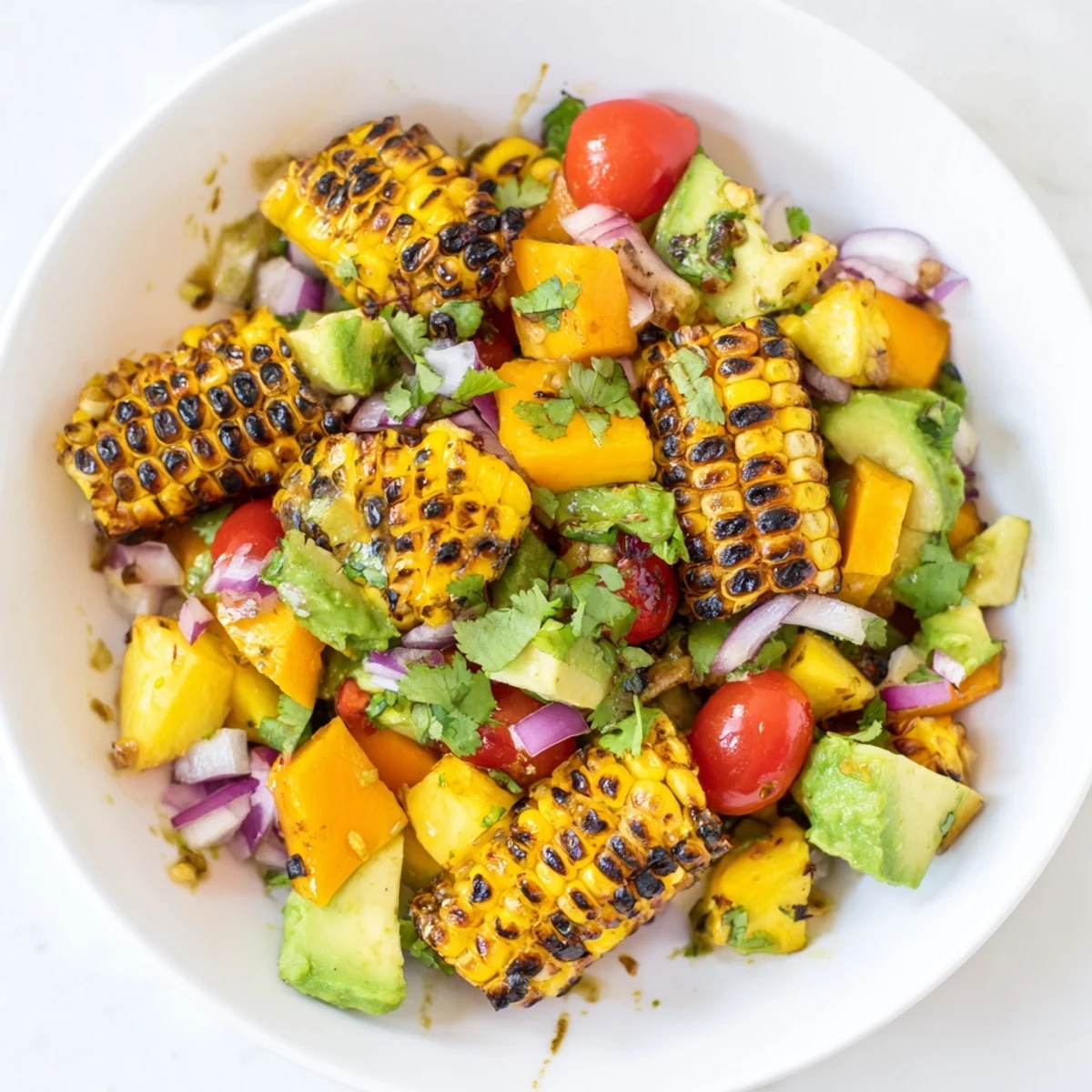 Golden charred corn kernels tossed with creamy avocado and tropical mango pineapple chunks in a zesty lime dressing