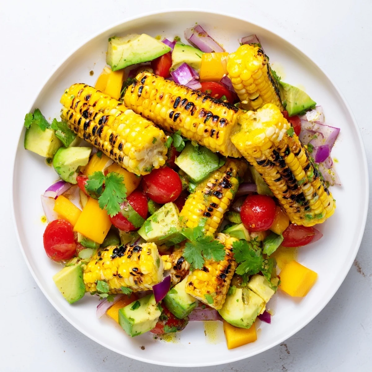 Vibrant bowl of grilled corn salad featuring ripe avocado diced mango pineapple cherry tomatoes and fresh cilantro