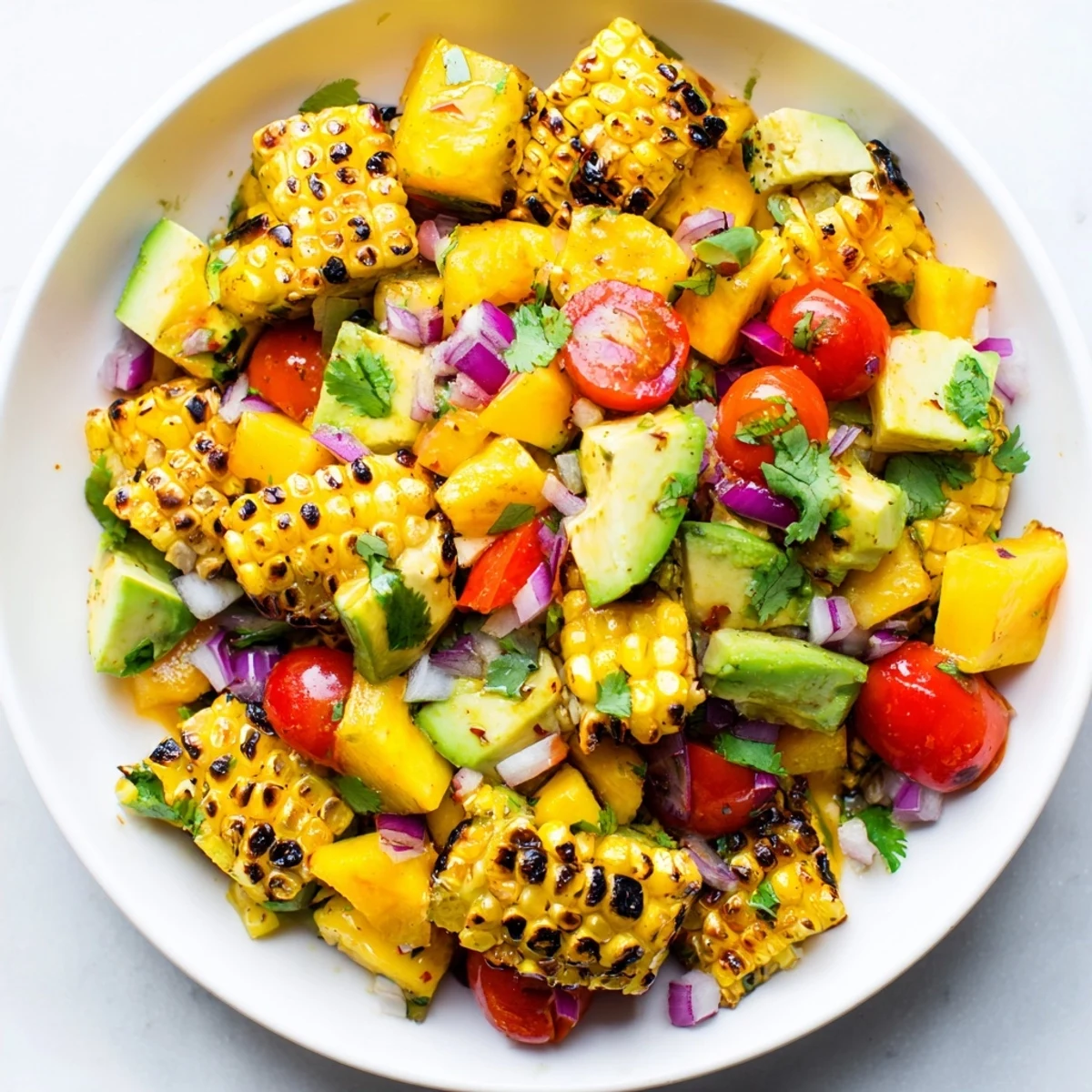 Summer tropical charred corn and avocado salad with sweet fruit medley and tangy lime vinaigrette drizzle