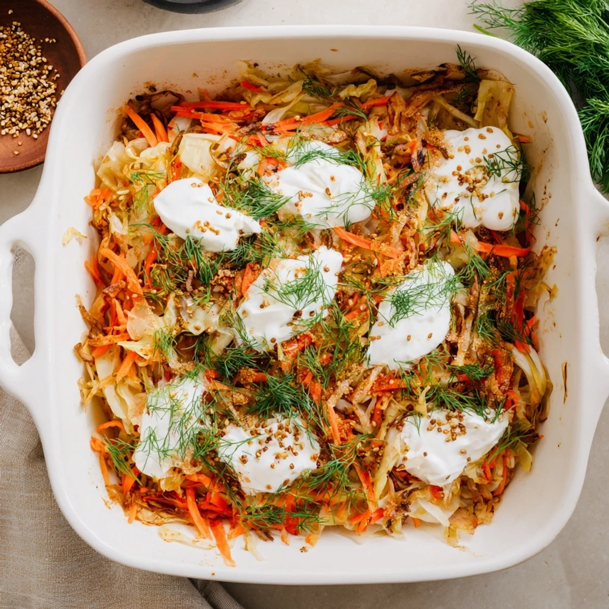 Golden brown slow roasted cabbage and sauerkraut casserole fresh from oven with dill garnish