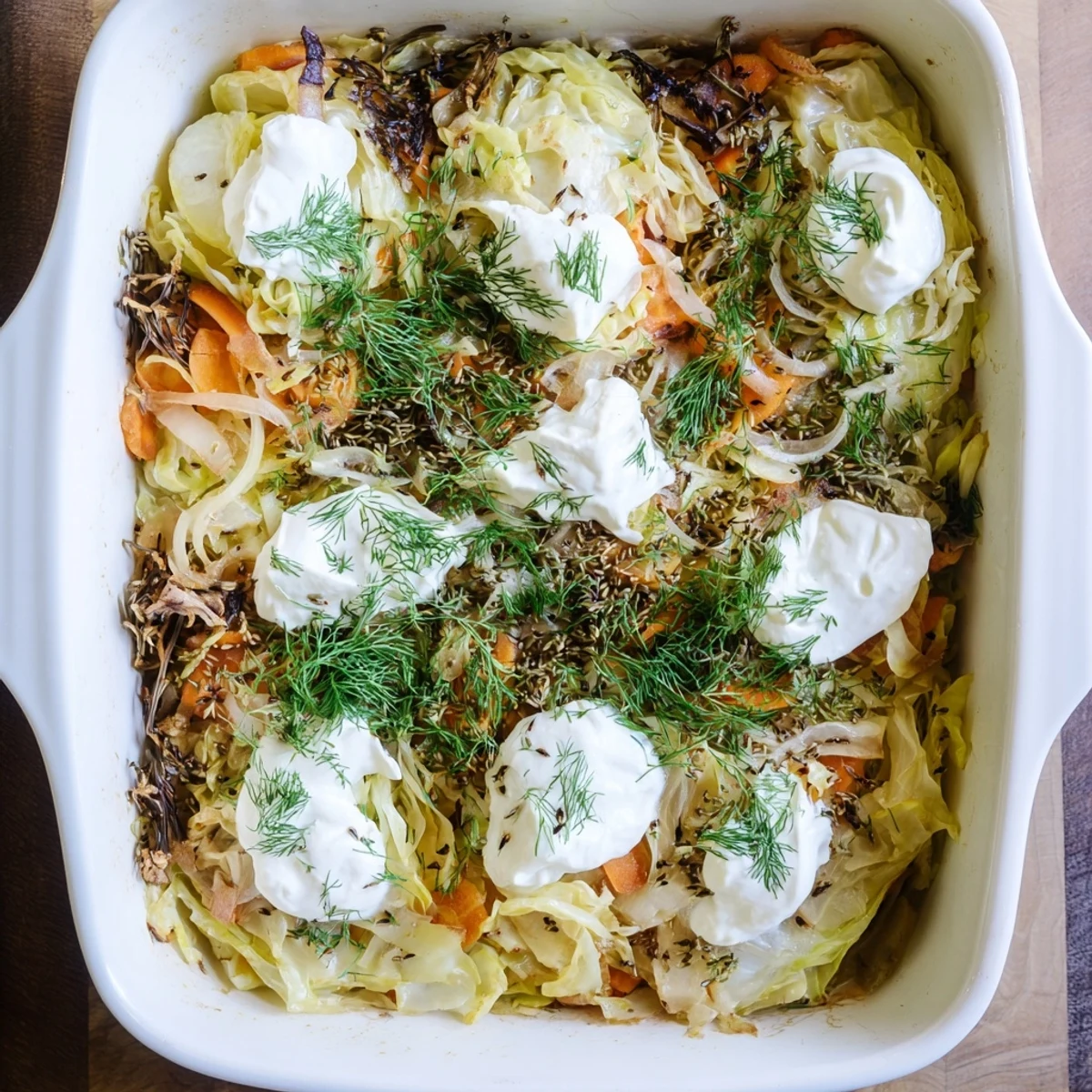 Comforting vegetarian casserole featuring roasted cabbage strips and tangy sauerkraut baked to golden perfection