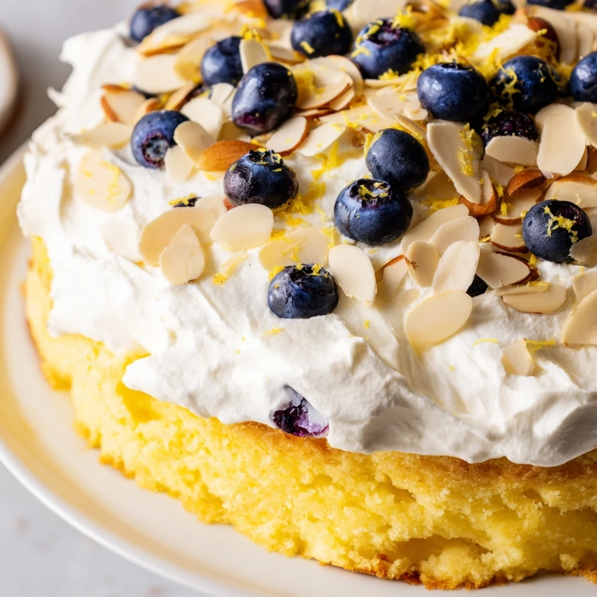 Slice of lemon blueberry poke cake drizzled with syrup and garnished with fresh blueberries