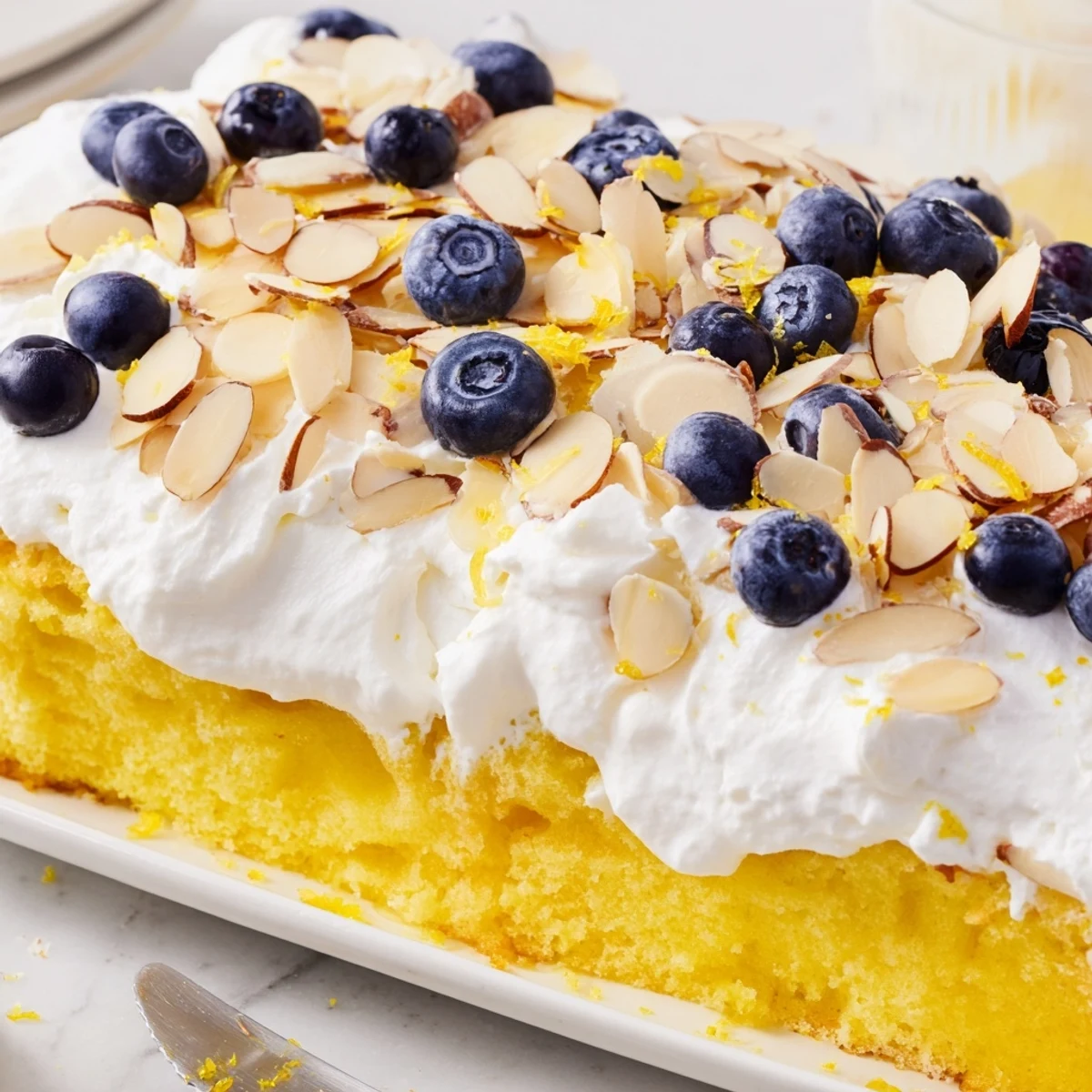 Golden lemon blueberry poke cake with creamy whipped topping and scattered sliced almonds