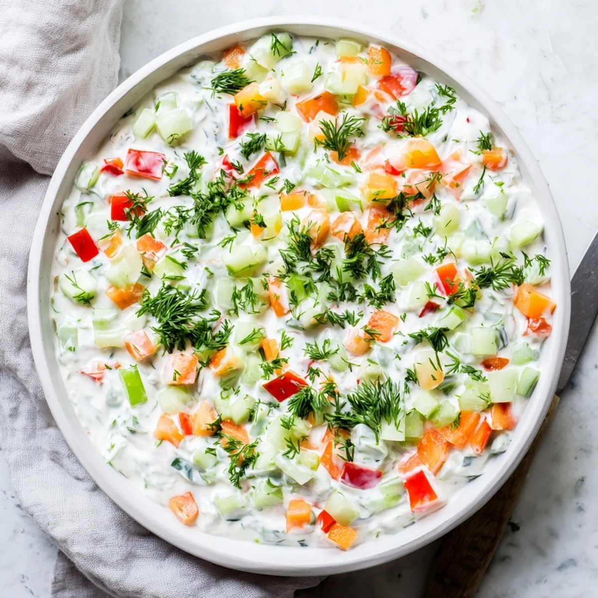 Creamy garden vegetable spread topped with colorful diced peppers and fresh herbs on a serving platter