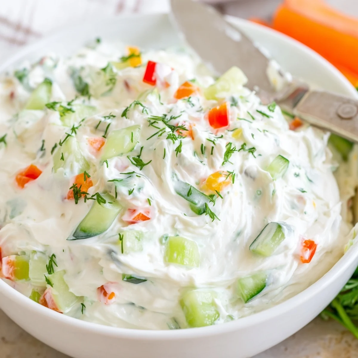 Chilled Garden Vegetable Spread in bowl garnished with parsley and lemon