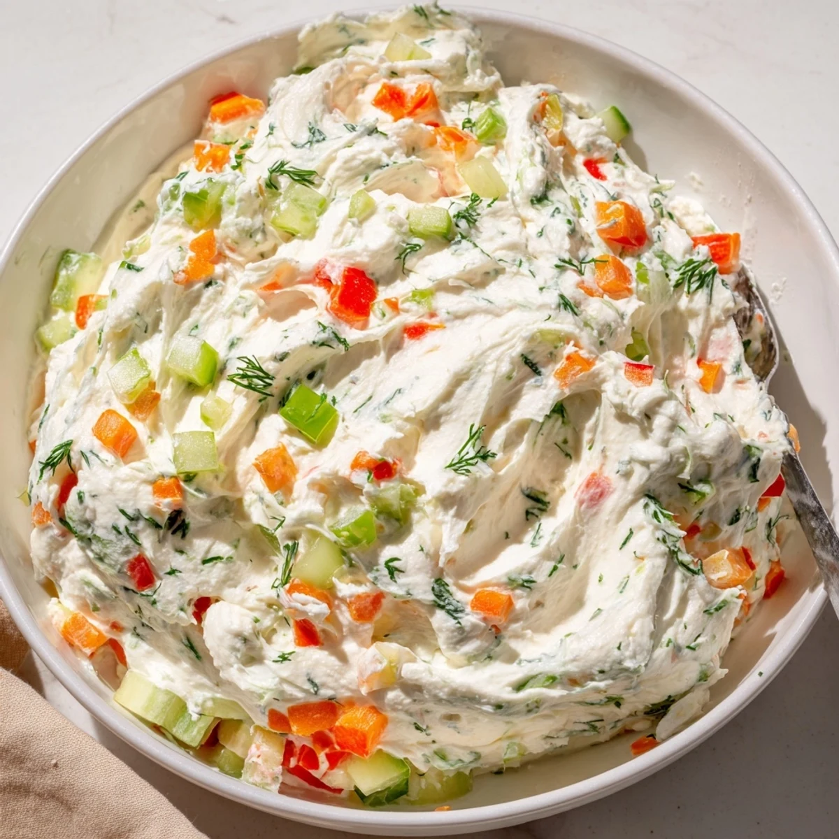 Creamy Garden Vegetable Spread speckled with colorful peppers, served with crackers