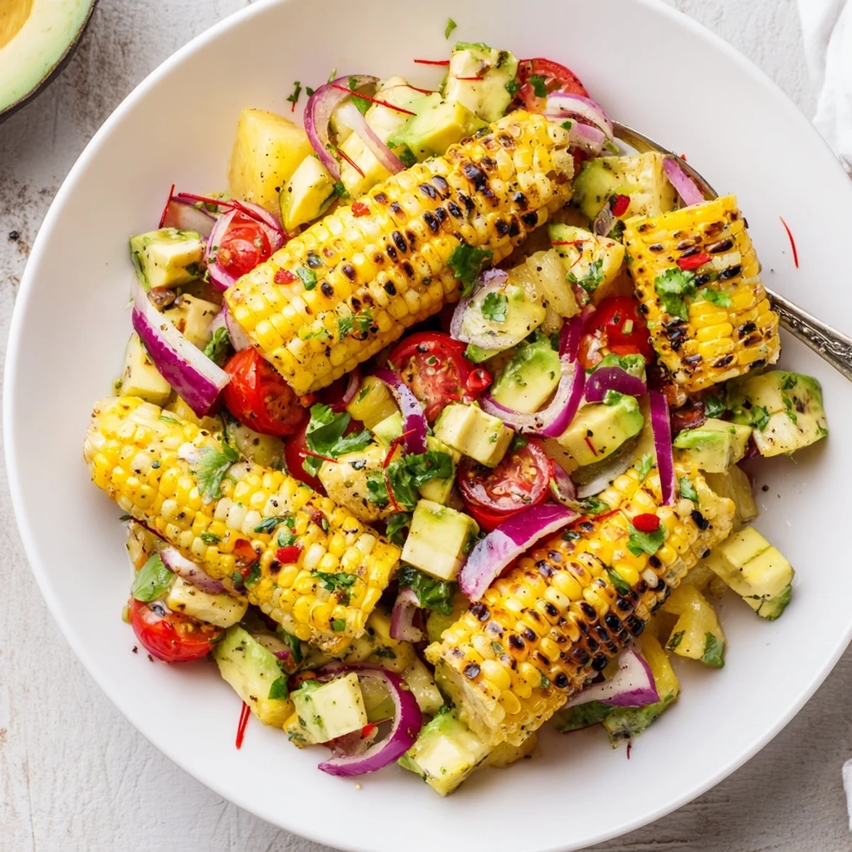 Tropical Charred Corn And Avocado Salad with smoky kernels, creamy avocado, zesty lime.