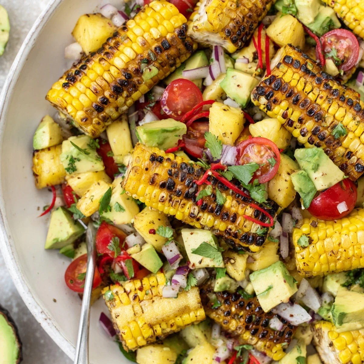 Smoky grilled corn and pineapple mingle in Tropical Charred Corn And Avocado Salad.