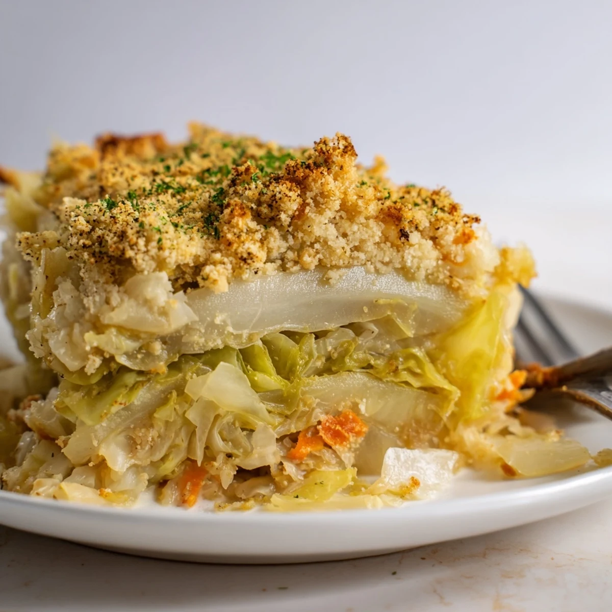 Slow Roasted Cabbage And Sauerkraut Casserole bubbling with golden breadcrumb crust.