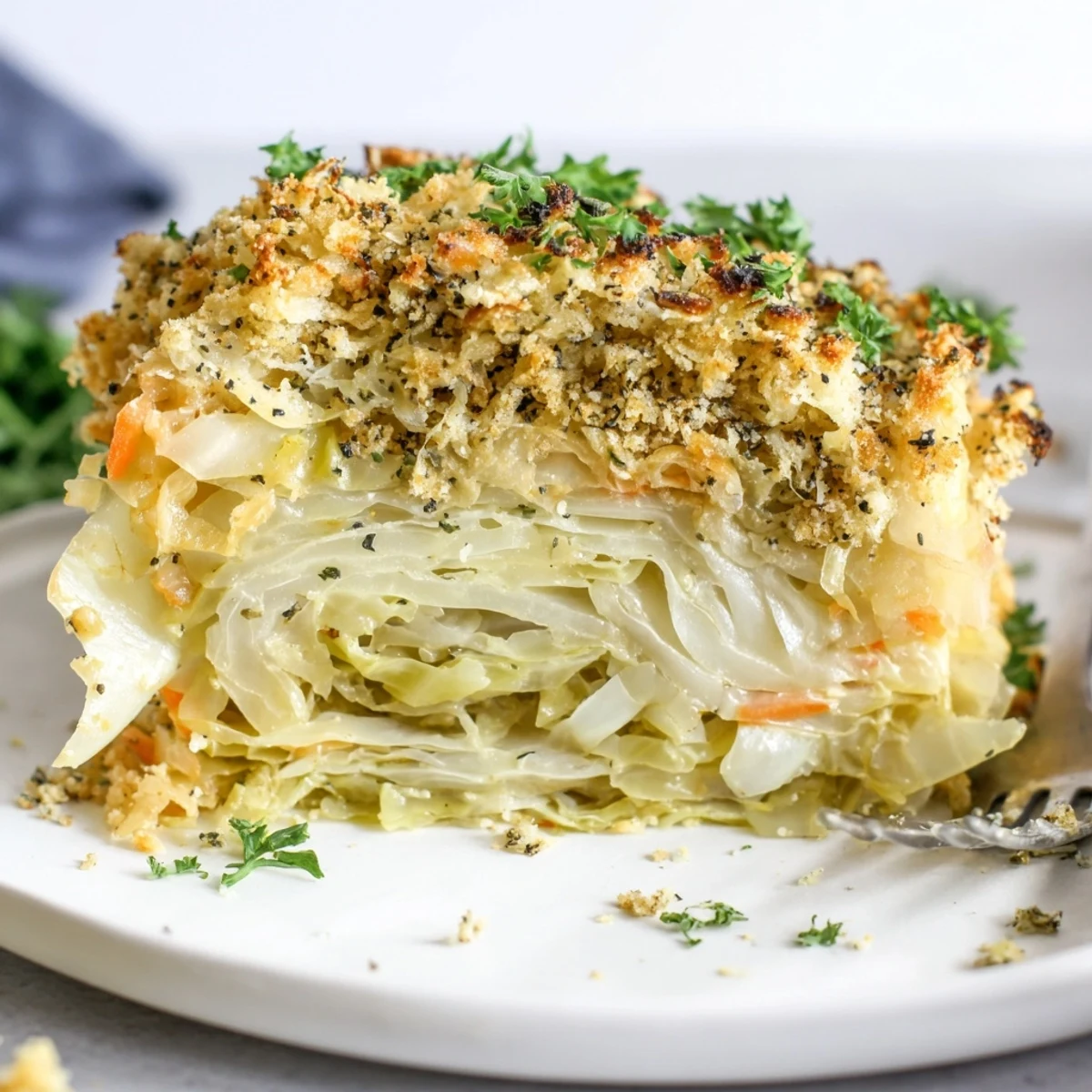 Hearty Slow Roasted Cabbage And Sauerkraut Casserole served warm with rye bread.