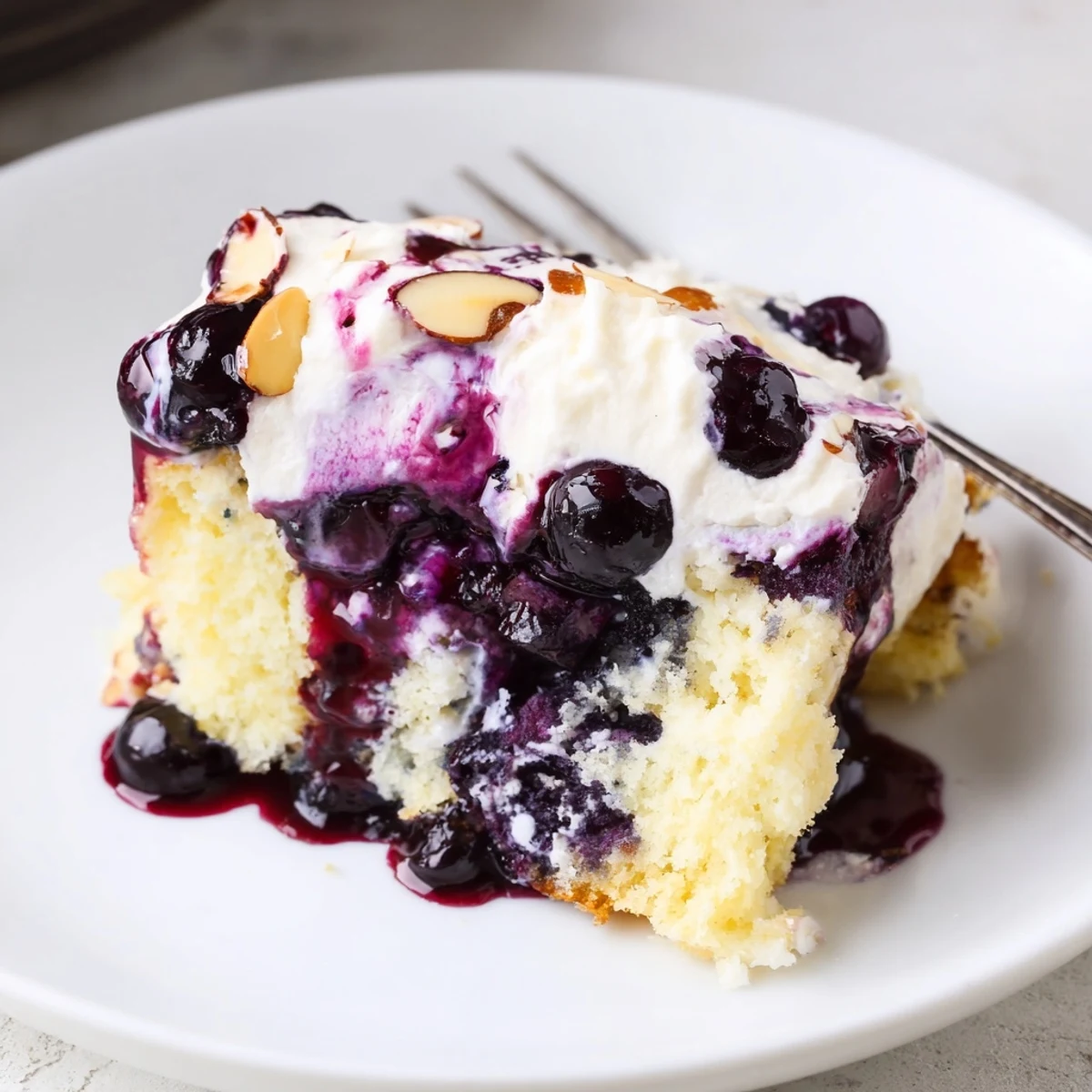 Chilled Lemon Blueberry Poke Cake With Almond Topping sliced, creamy almond cream visible