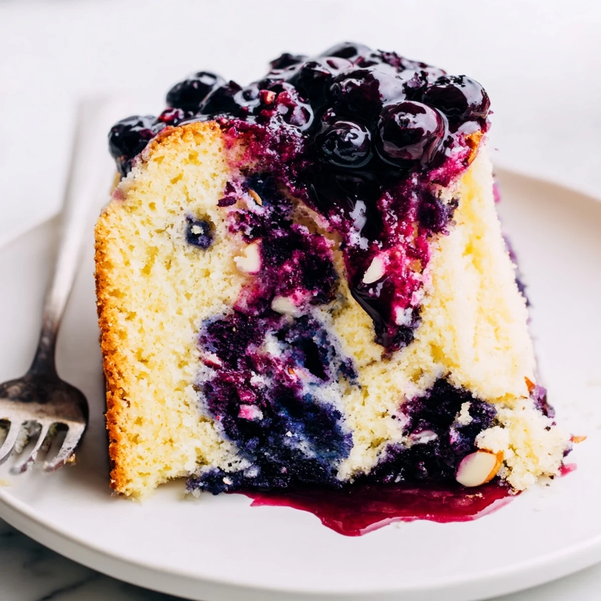 Wooden spoon–poked Lemon Blueberry Poke Cake With Almond Topping oozing juicy blueberry pockets