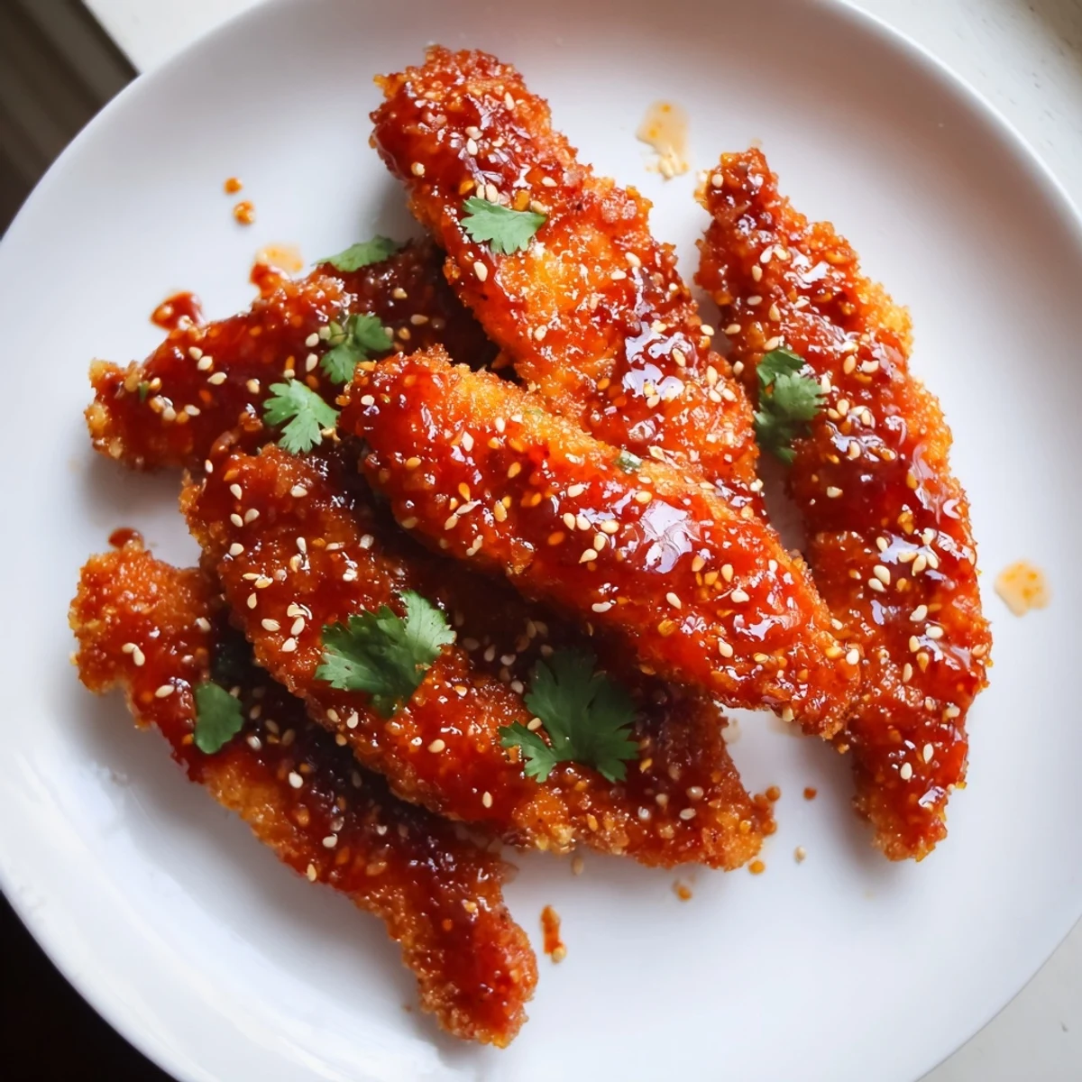 Crispy golden Thai Sticky Chicken Fingers glazed with sweet chili sauce on a platter