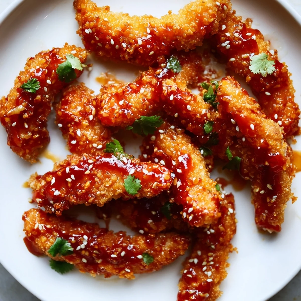 Juicy Thai Sticky Chicken Fries coated in sticky honey sriracha glaze with sesame seeds