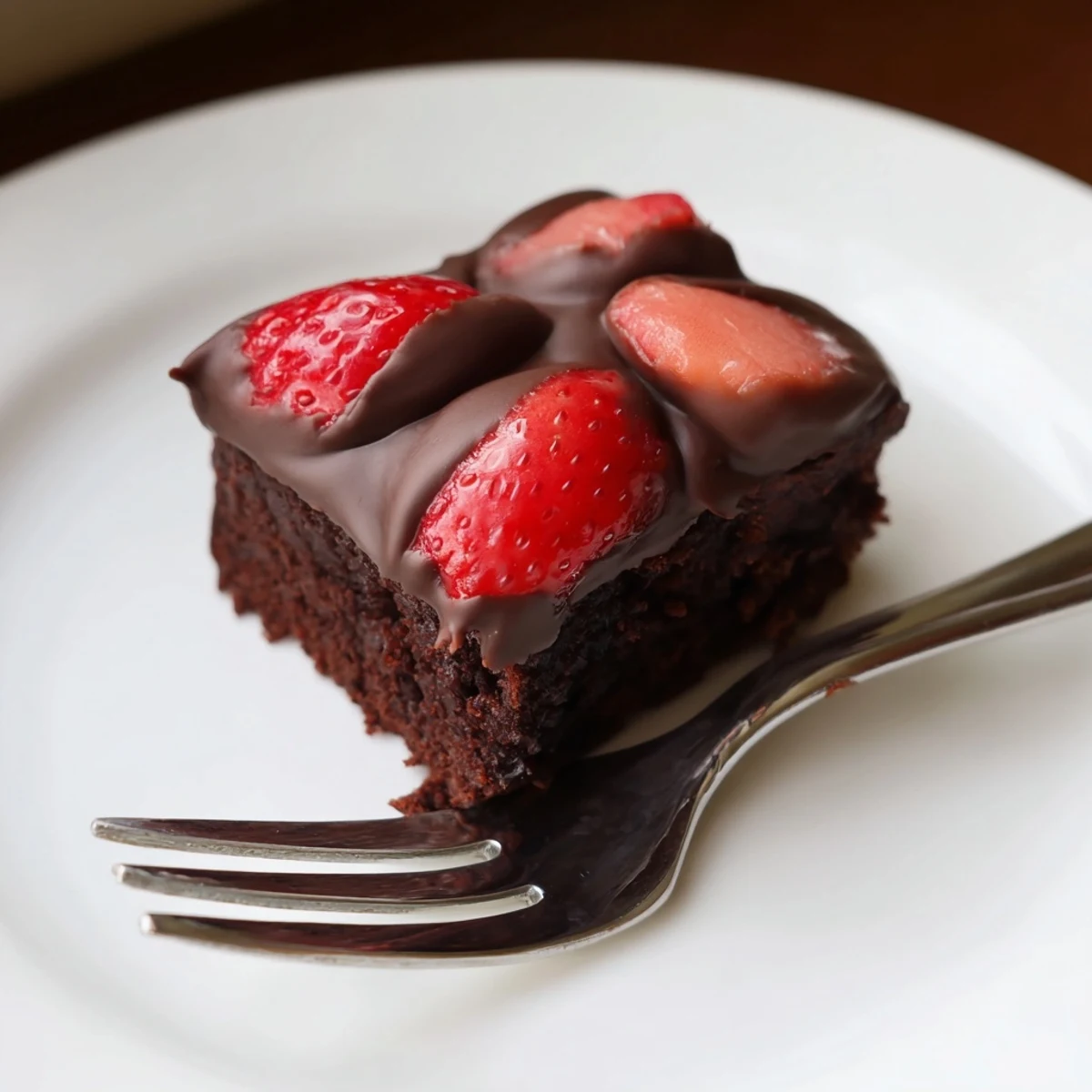 Rich chocolate covered strawberry brownies sliced into squares with glossy ganache topping