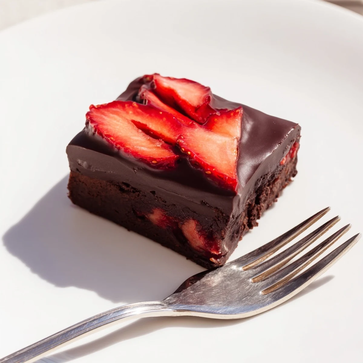 Fudgy chocolate covered strawberry brownies topped with fresh berries and melted chocolate drizzle