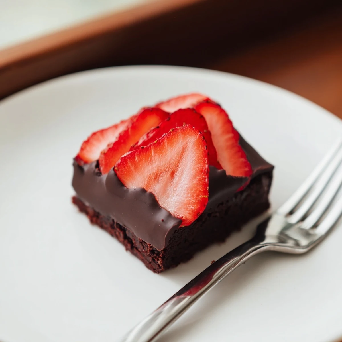 Decadent chocolate covered strawberry brownies with a shiny coating and vibrant red strawberry layer