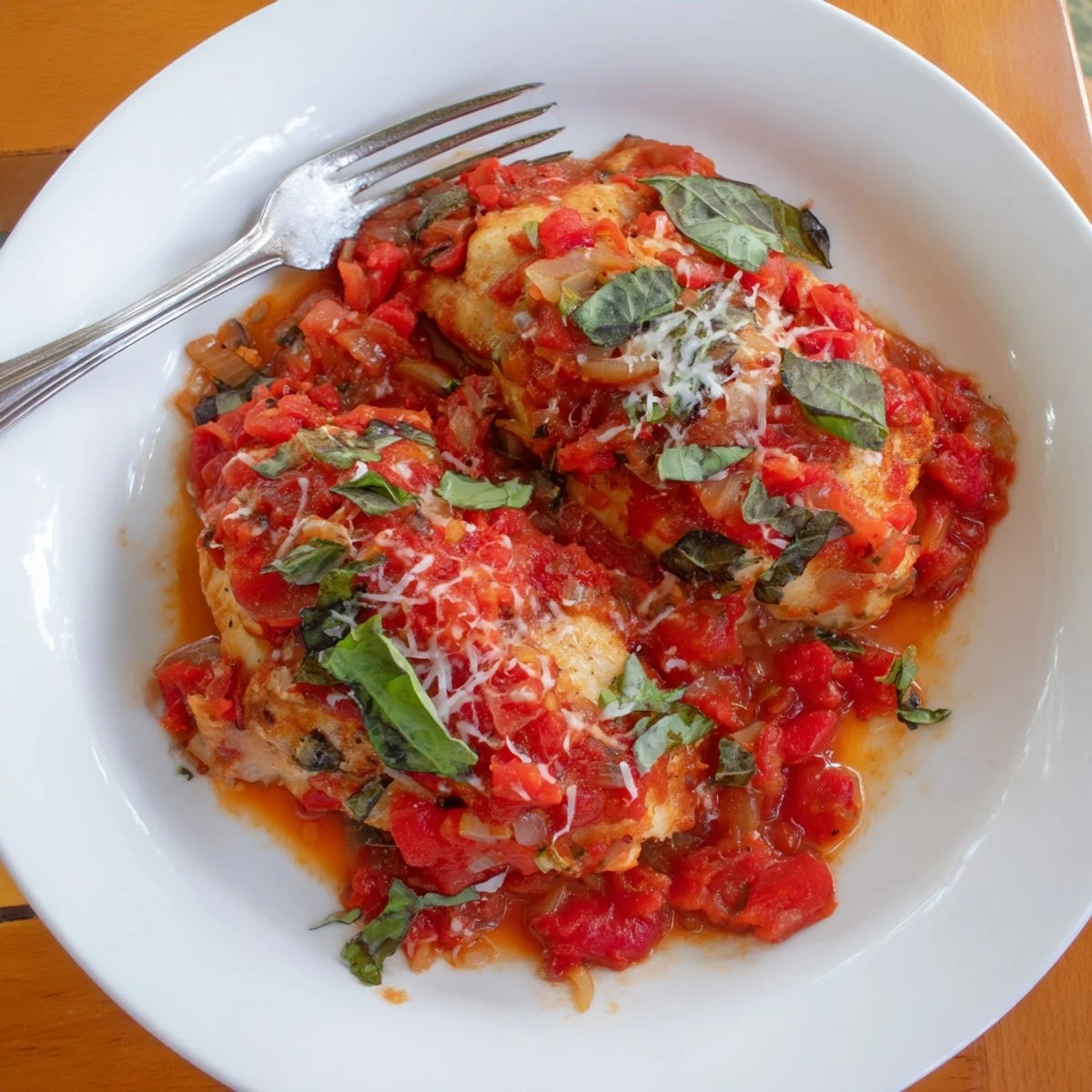Golden seared Chicken Pomodoro Delight nestled in rich tomato basil sauce
