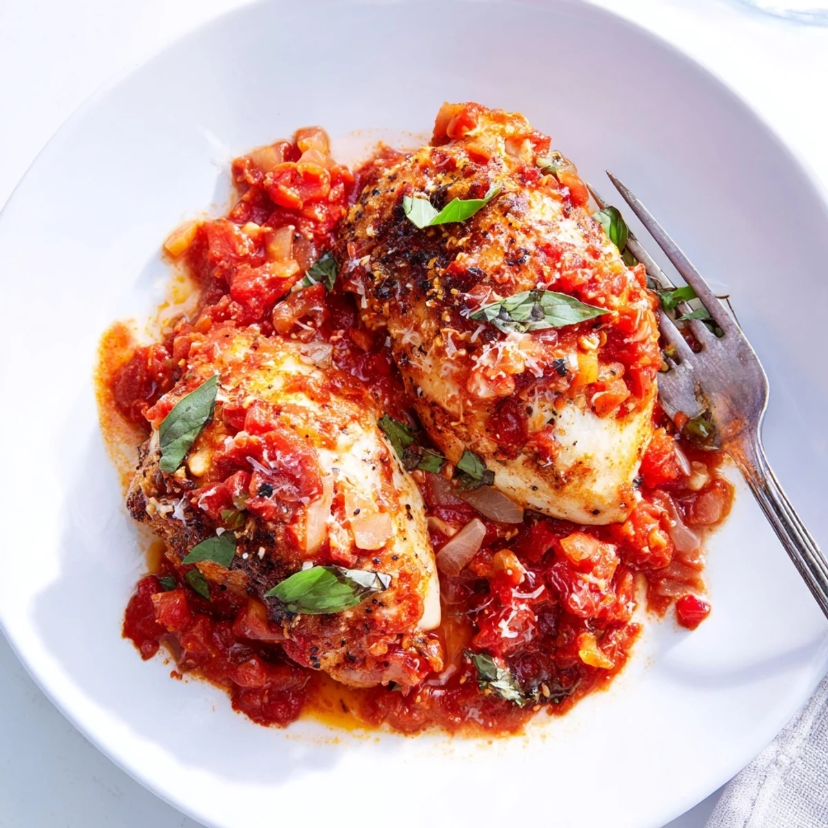 Creamy Parmesan-topped Chicken Pomodoro Delight simmering in a vibrant garlic tomato sauce