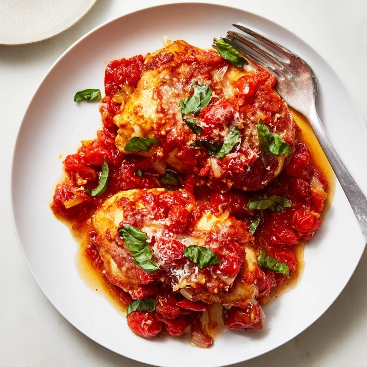 Tender Chicken Pomodoro Delight garnished with fresh basil and served steaming hot