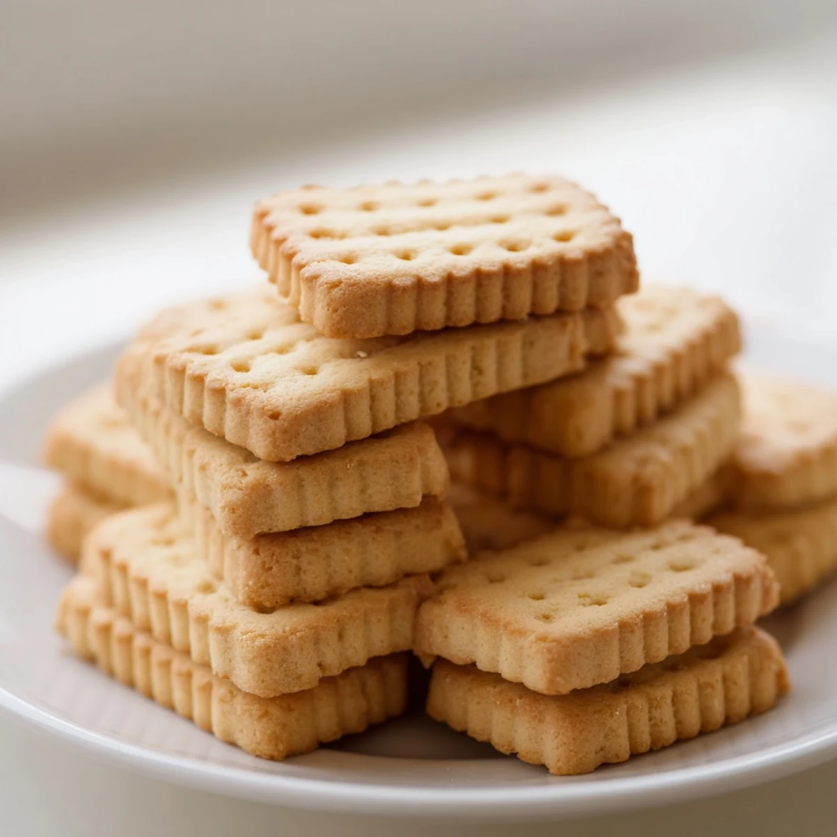 Golden French petit beurre cookies arranged on a rustic wooden cutting board