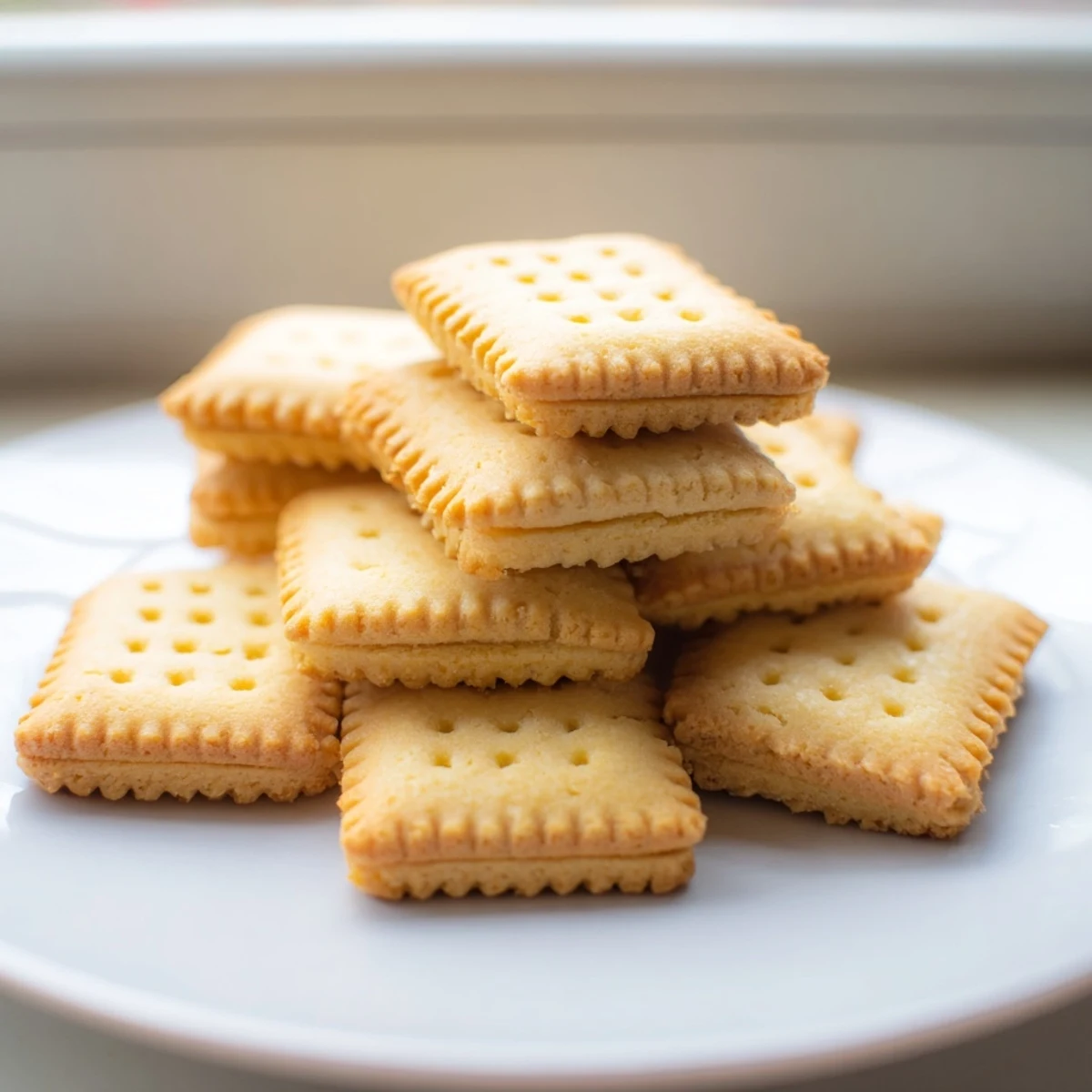 Classic petit beurre cookies stacked beside a steaming cup of tea