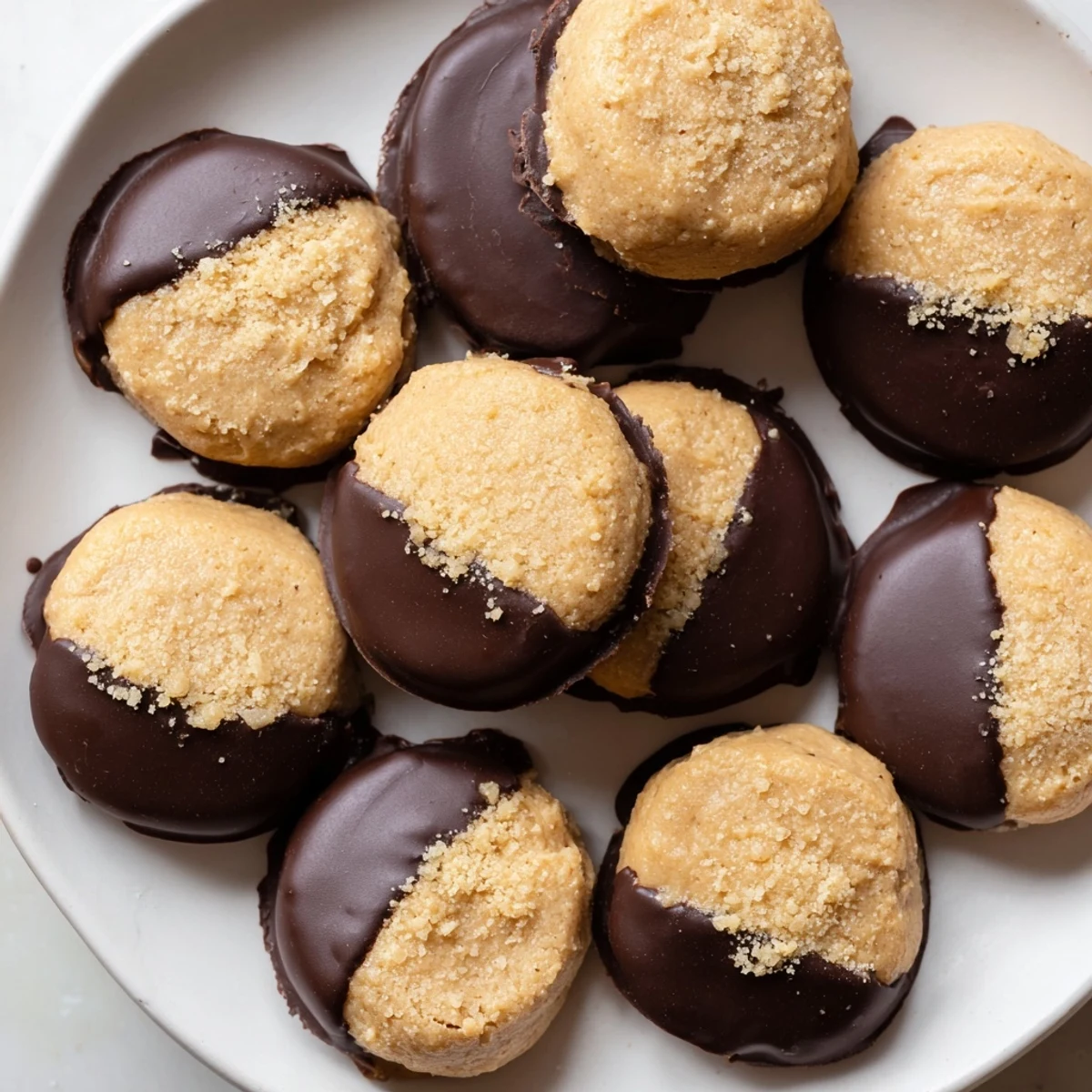 Golden buckeye cookies with glossy chocolate bottoms on a parchment-lined baking sheet