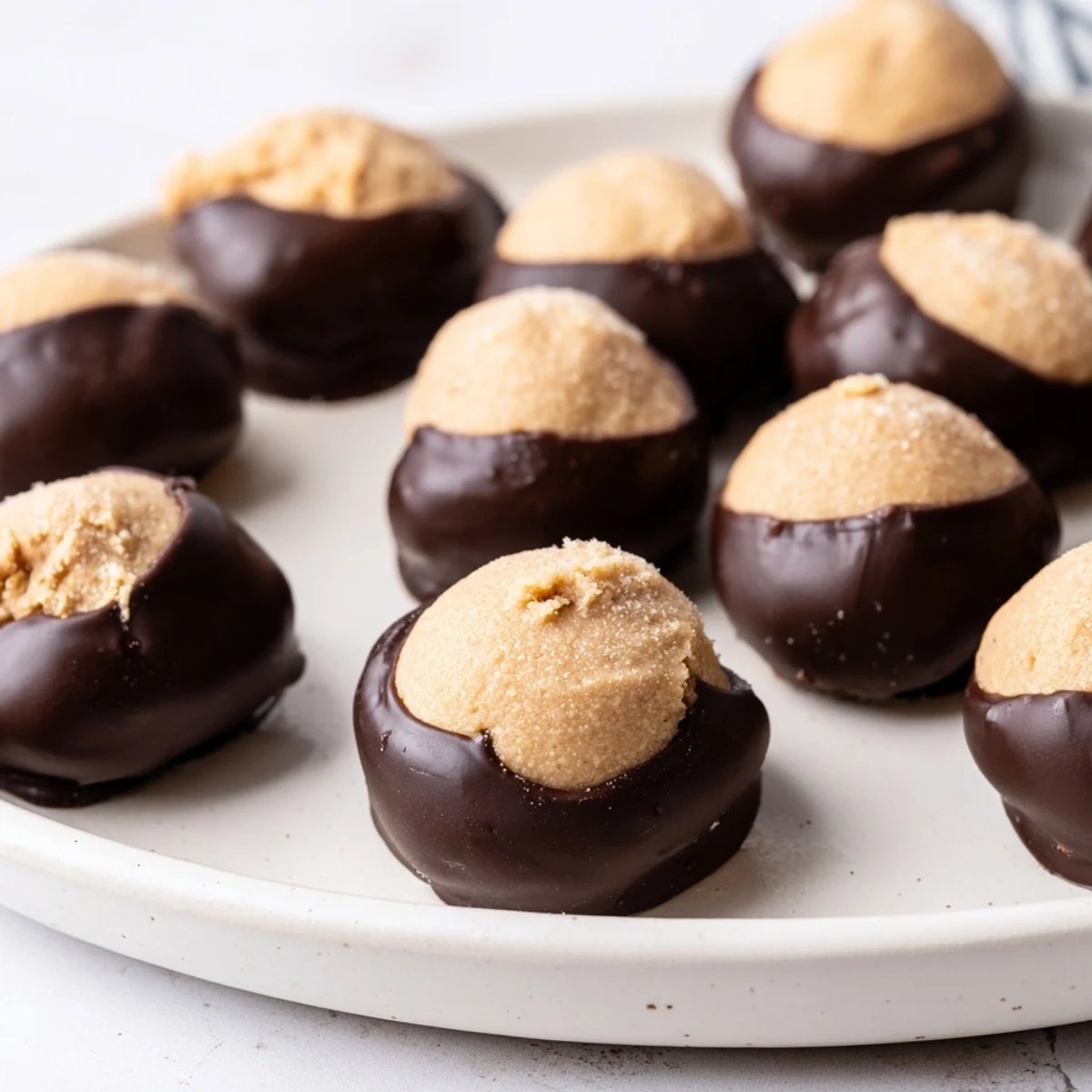 Creamy peanut butter balls dipped in rich chocolate served on a festive platter