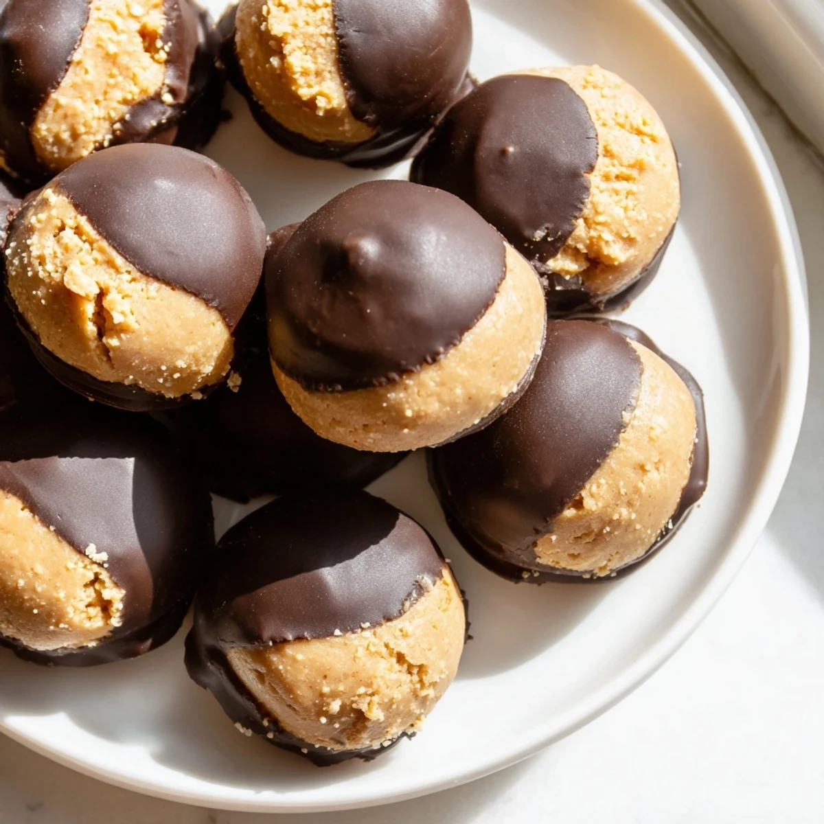 Homemade buckeye cookies arranged on a white plate showcasing the classic peanut butter tops