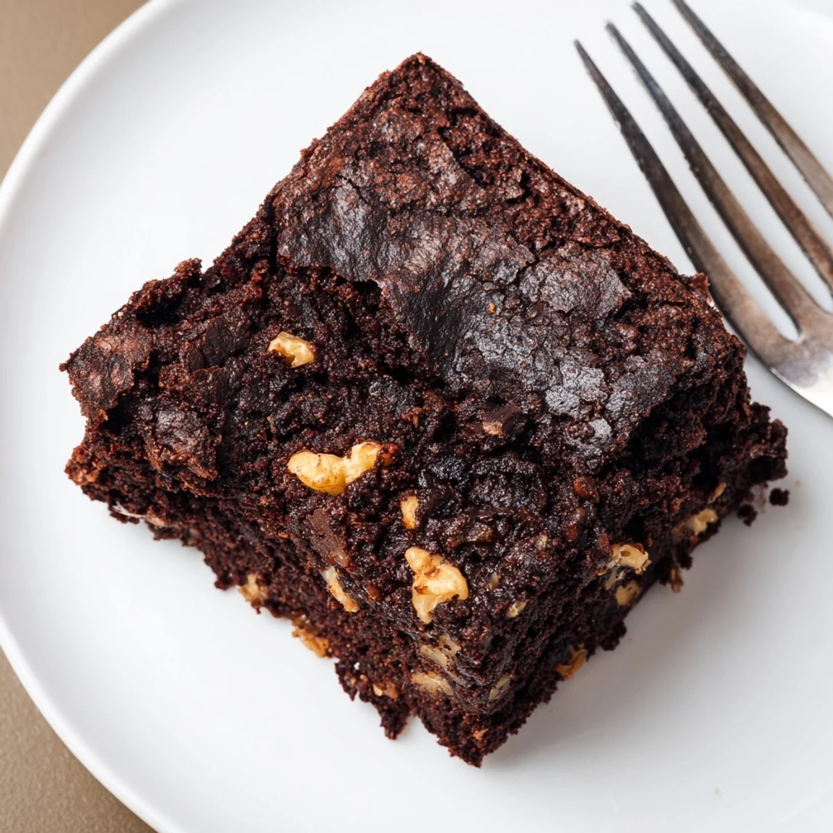 Fudgy brownie squares with a shiny crackly top, sliced and arranged on a rustic wooden cutting board.