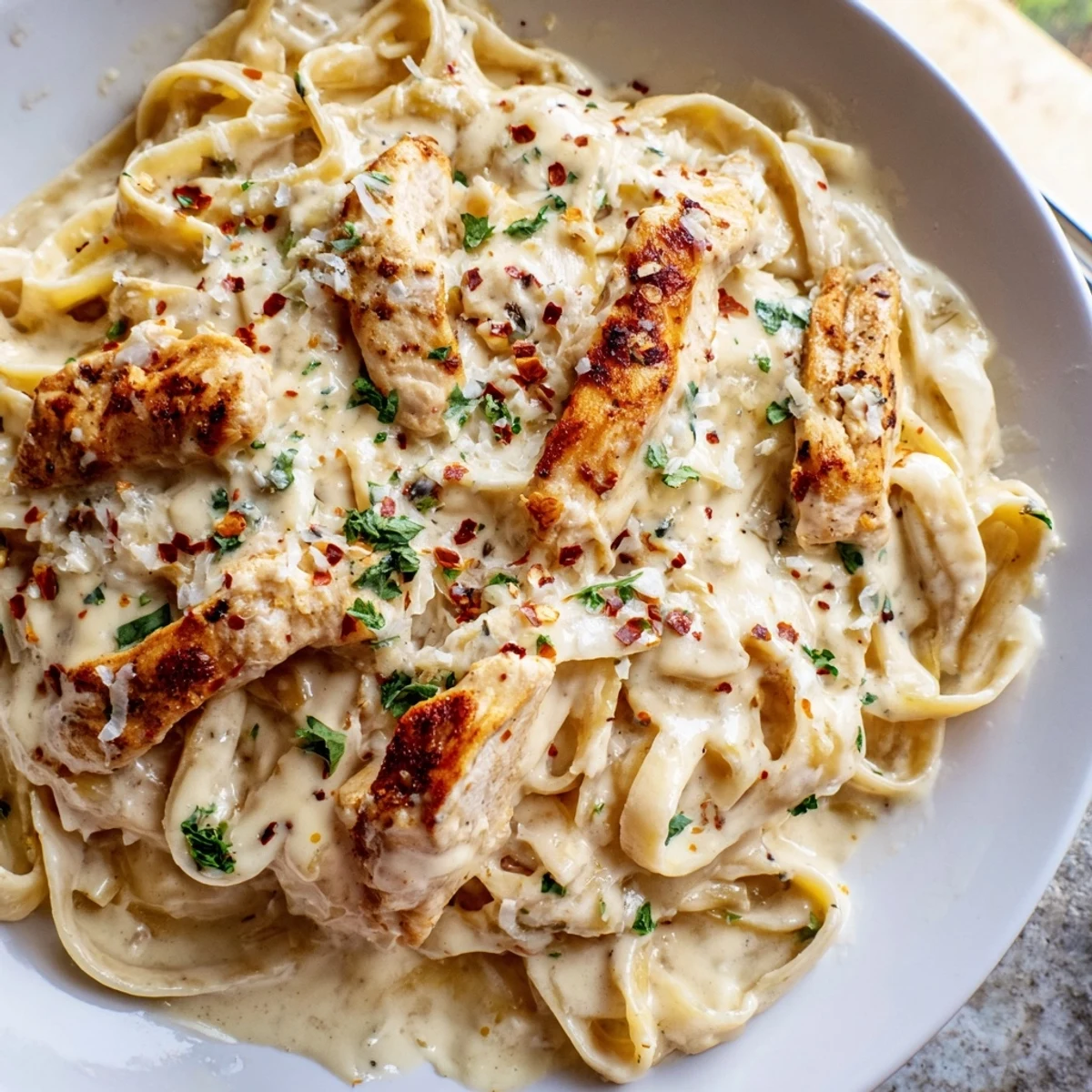 Steaming bowl of Creamy Garlic Parmesan Chicken Pasta with golden seared chicken strips
