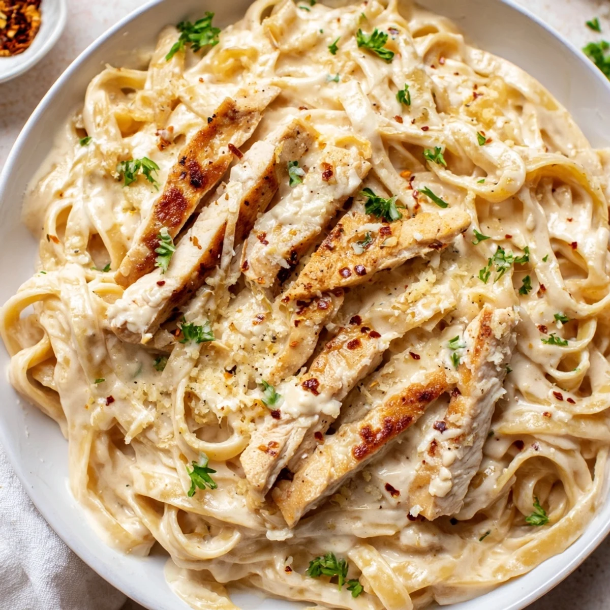 Creamy Garlic Parmesan Chicken Pasta topped with fresh parsley on a white plate