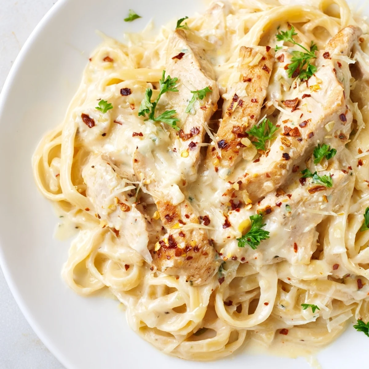 Creamy Garlic Parmesan Chicken Pasta coated in silky sauce and served with fettuccine