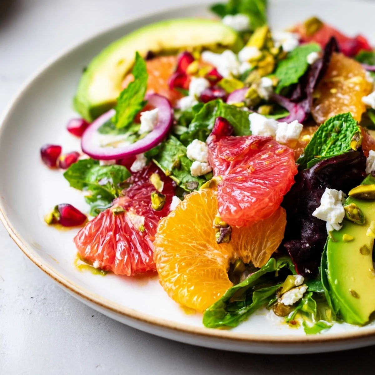Bright citrus salad with pomegranate seeds, creamy avocado, and crumbled feta on a platter