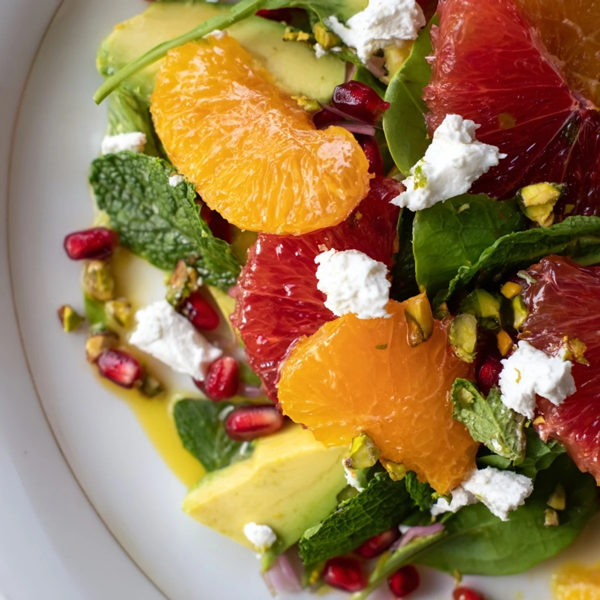 Juicy orange and grapefruit segments topped with avocado, feta, and ruby pomegranate jewels
