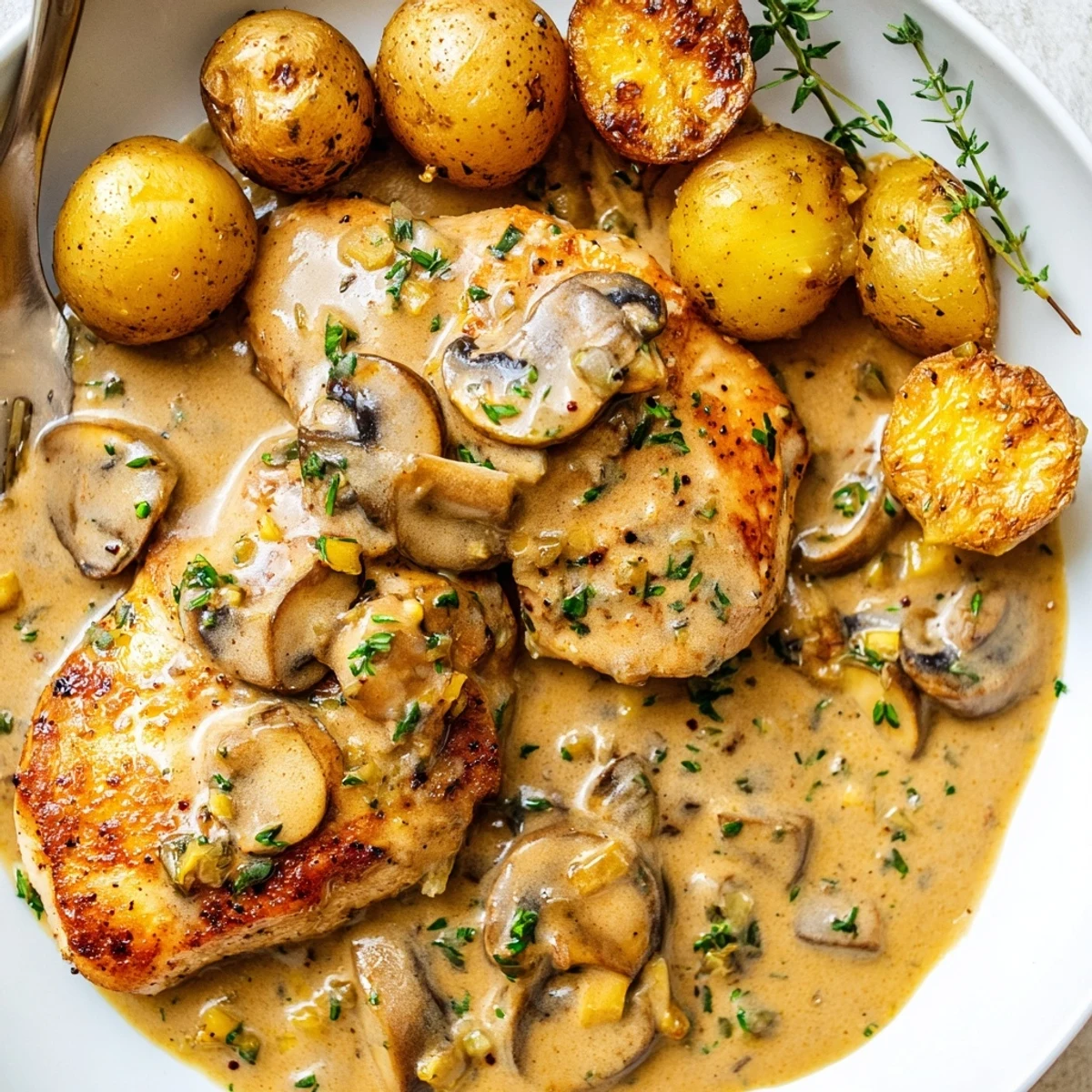 Creamy mushroom chicken smothered in velvety sauce with golden herb-roasted potatoes