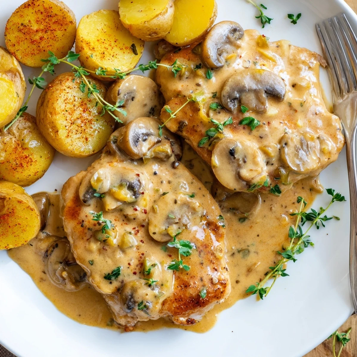 Juicy seared chicken breasts swimming in a rich mushroom cream sauce alongside crispy potatoes