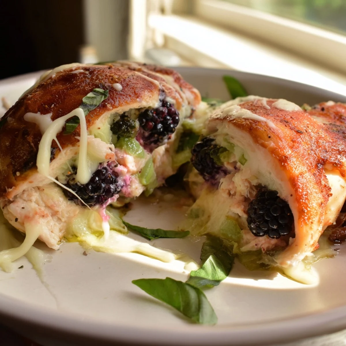 Golden baked Blackberry Jalapeno Stuffed Chicken with bubbling melted mozzarella on top