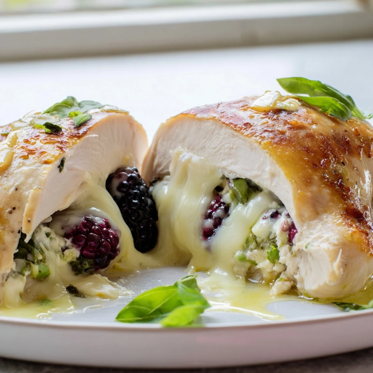 Blackberry Jalapeno Stuffed Chicken sliced open revealing creamy goat cheese and berry filling