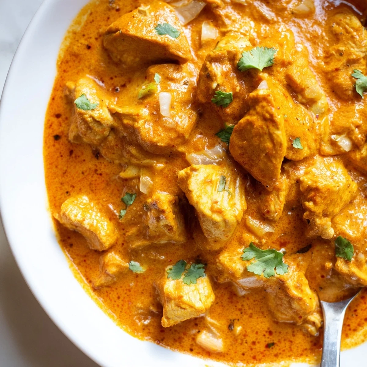 Crockpot Butter Chicken simmering in a golden, creamy tomato sauce with fragrant spices