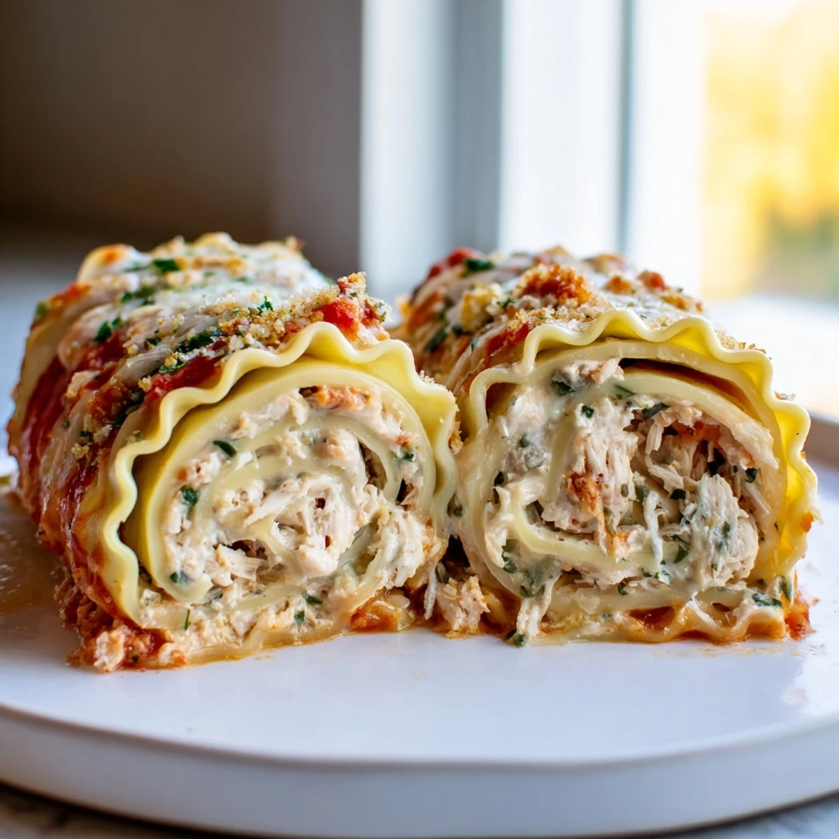 Golden garlic Parmesan chicken lasagna roll ups bubbling with melted mozzarella cheese topping